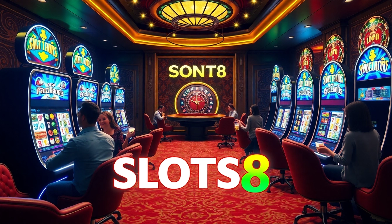Players enjoying SLOTS8 on vibrant slot machines in a luxurious casino setting
