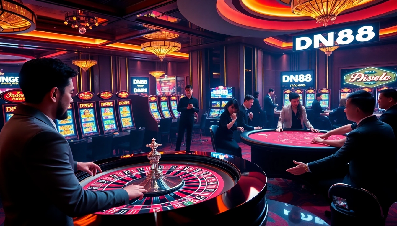Exciting action at DN88 casino with players engaging in high-stakes roulette and poker.