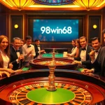 Experience the thrilling energy of 98win58 with players enjoying a luxurious casino atmosphere at a roulette table.