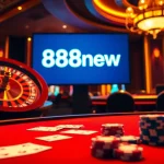Experience thrilling casino action with 888new, featuring a roulette wheel and poker table.