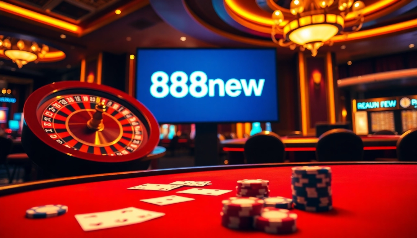 Experience thrilling casino action with 888new, featuring a roulette wheel and poker table.