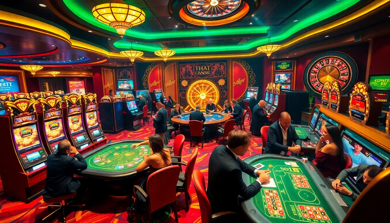 Engaging scene at THA BET casino with players enjoying high-stakes poker and vibrant slot machines.