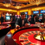 Exciting casino atmosphere at hay.win with a roulette wheel and poker table.