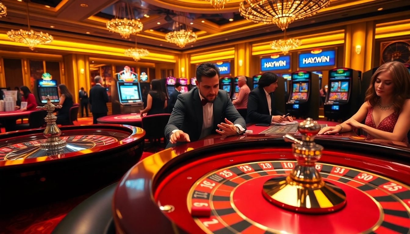 Exciting casino atmosphere at hay.win with a roulette wheel and poker table.
