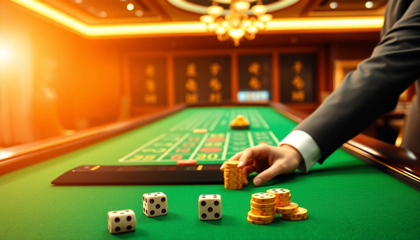 Engaging players at a Tài Xỉu MD5 gaming table filled with vibrant dice and casino chips.