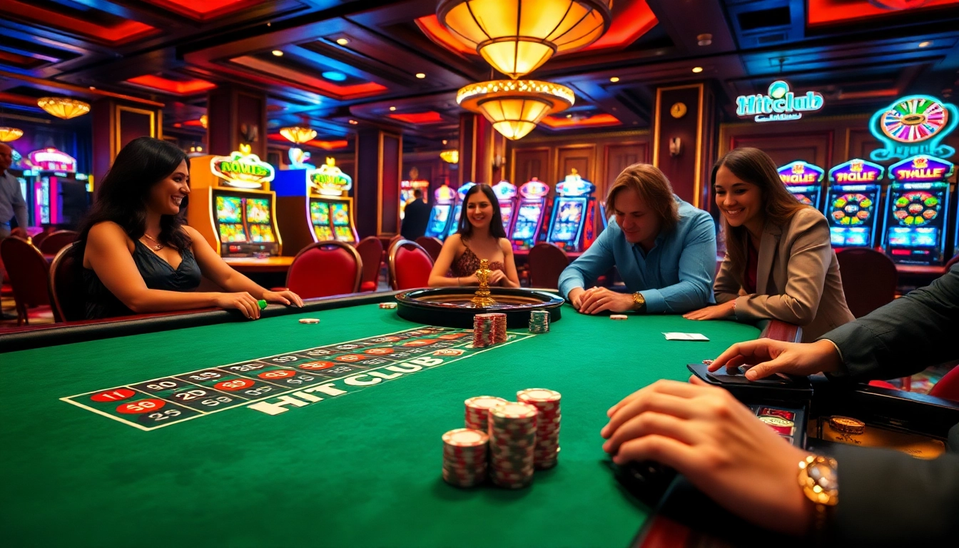 Players strategizing at the HITCLUB poker table with vibrant cards and chips in an engaging casino atmosphere.