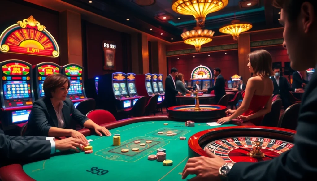 Players at a thrilling poker game in a glamorous casino scene, showcasing PS 99 excitement.