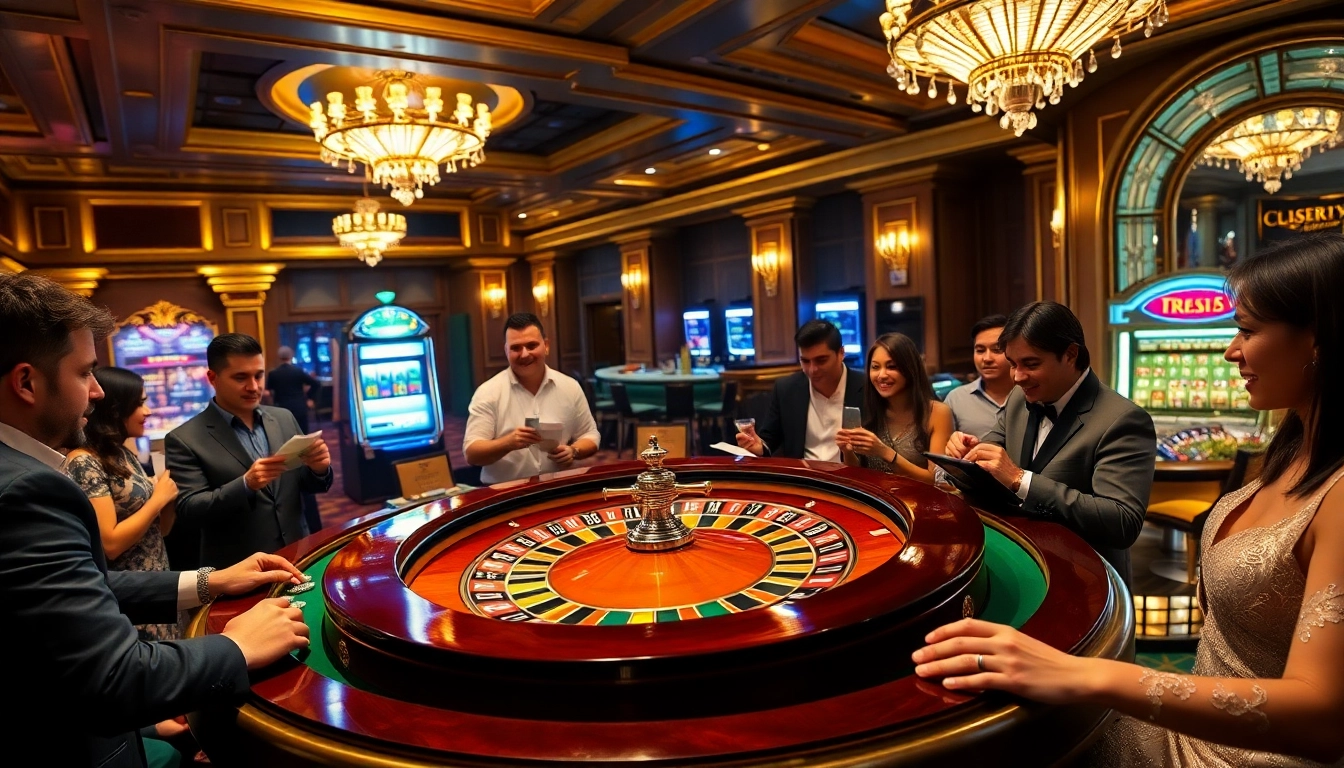 Players enjoying casino games at https://f168info.com/ in an exciting gambling atmosphere with roulette and slots.