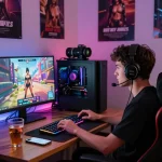 Engaged player using a sex simulator on a high-end gaming PC in a cozy bedroom.