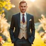 Groom showcasing elegant designer menswear amidst a beautiful garden backdrop.