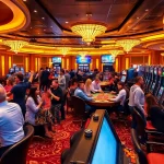 Luck8 vip players celebrating wins at a vibrant casino with poker tables and slot machines.