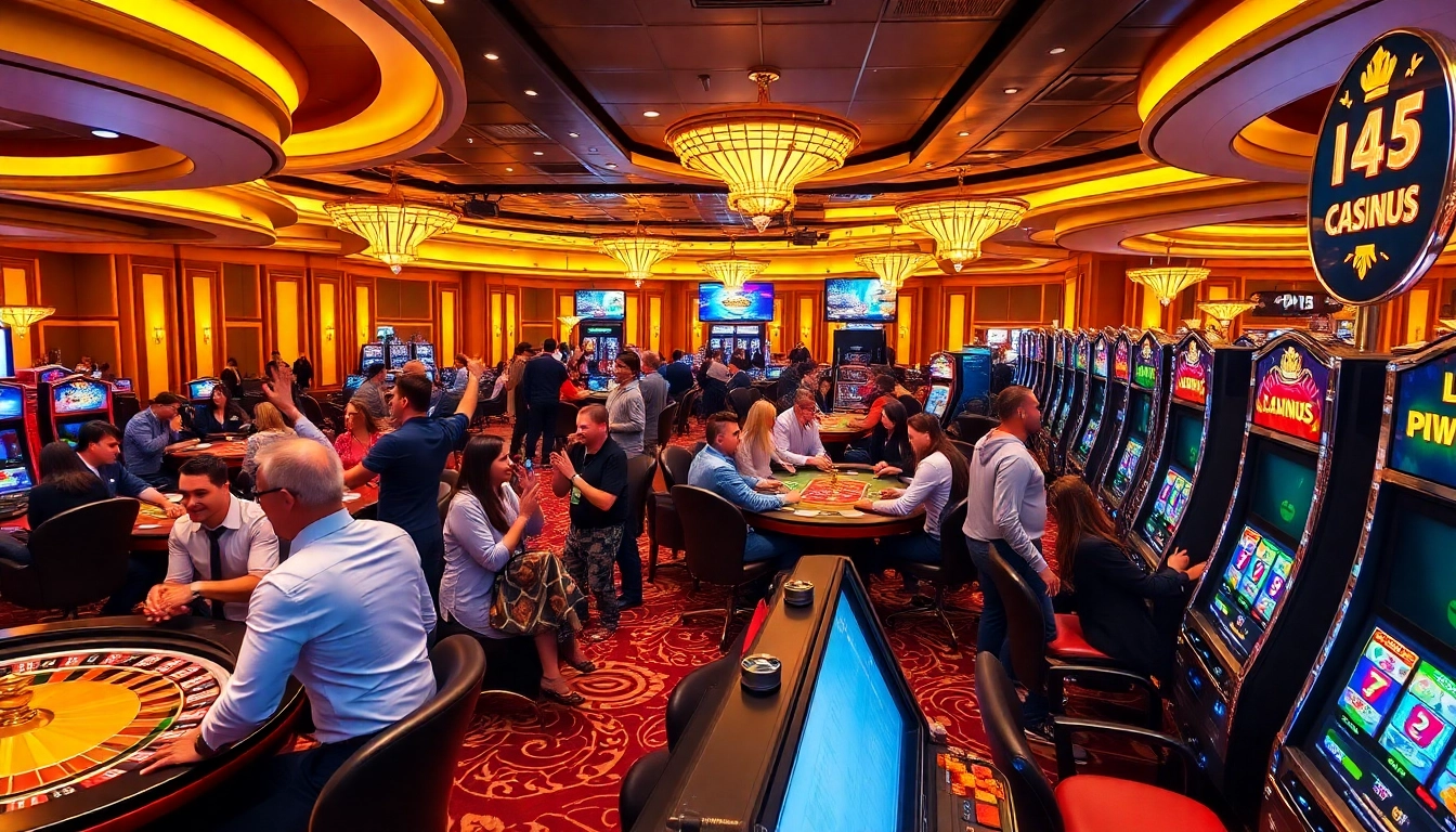 Luck8 vip players celebrating wins at a vibrant casino with poker tables and slot machines.