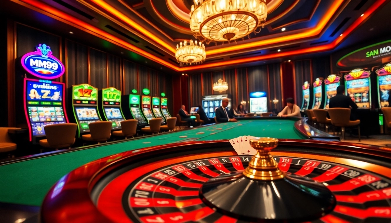 MM99 showcases excitement at a luxurious casino poker table with vibrant games and rich ambiance.