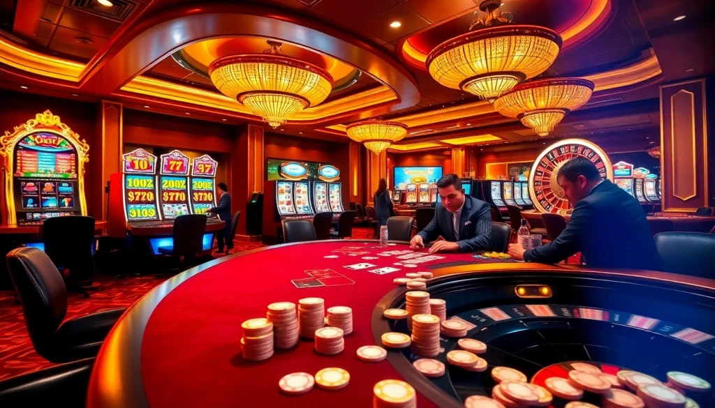 Experience thrilling gameplay at https://tg88m.com/ featuring vibrant slot machines and a glamorous poker table.