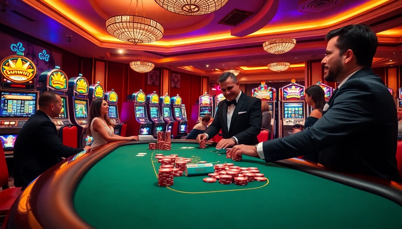 Exciting gameplay at sunwin casino with vibrant poker tables and colorful slot machines.