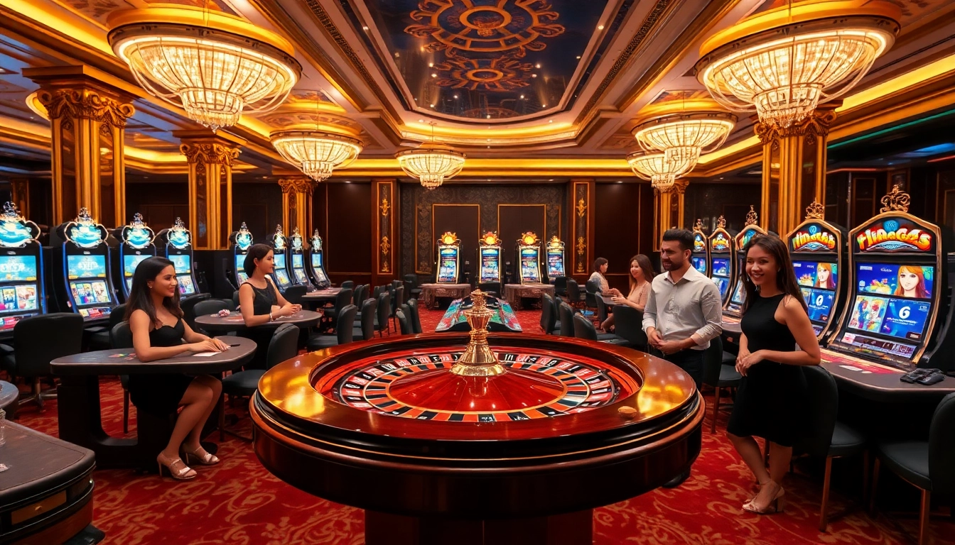 TG88 casino scene featuring players engaging with roulette, cards, and vibrant slot machines.