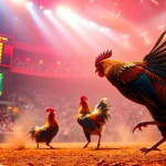 Engaging live cockfighting betting scene at đá gà trực tiếp with dynamic scoreboard and cheering spectators.