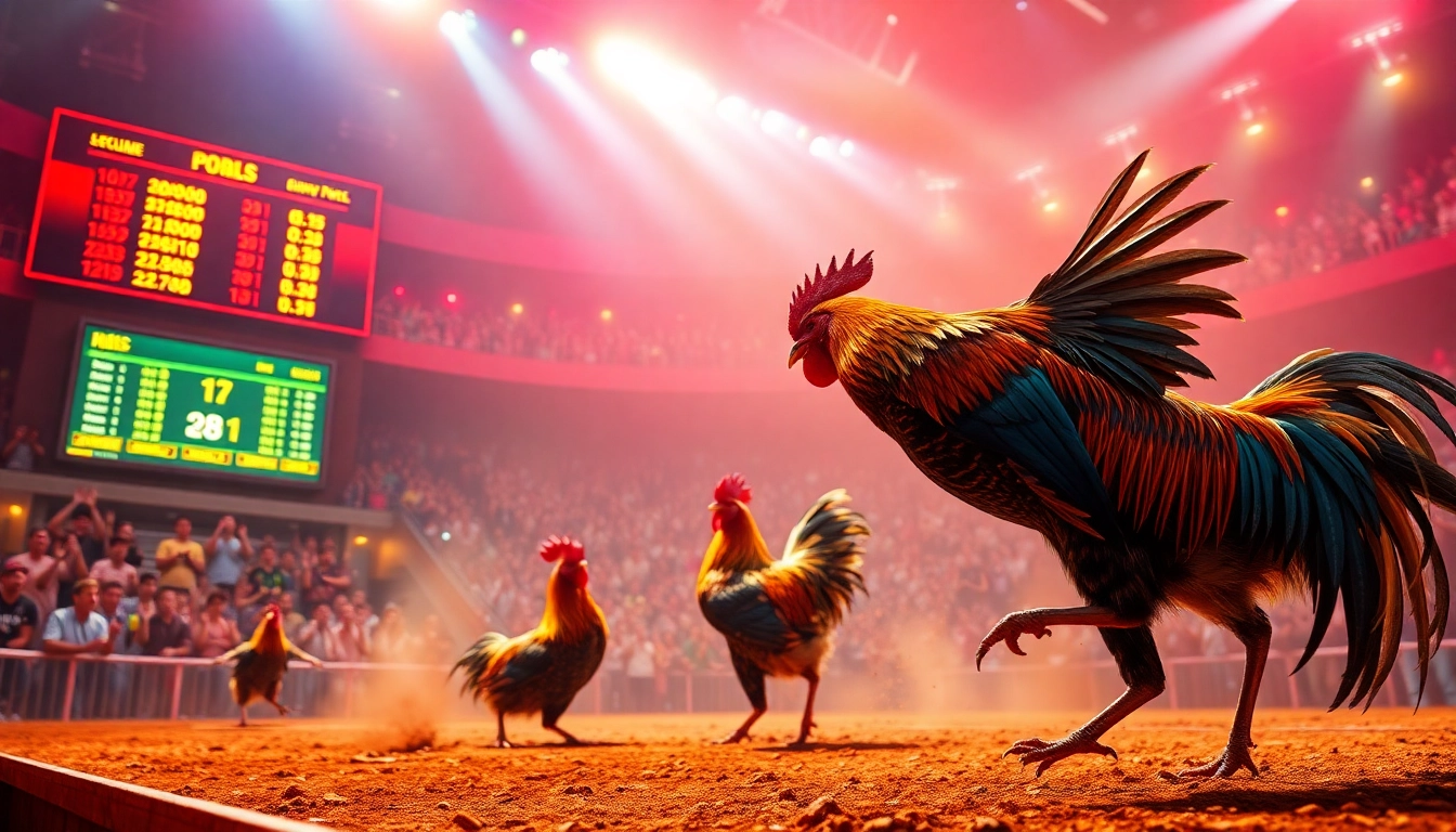 Engaging live cockfighting betting scene at đá gà trực tiếp with dynamic scoreboard and cheering spectators.