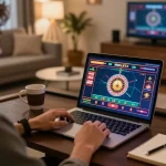 Iwinclub player enjoying dynamic online roulette game on laptop in cozy setting.