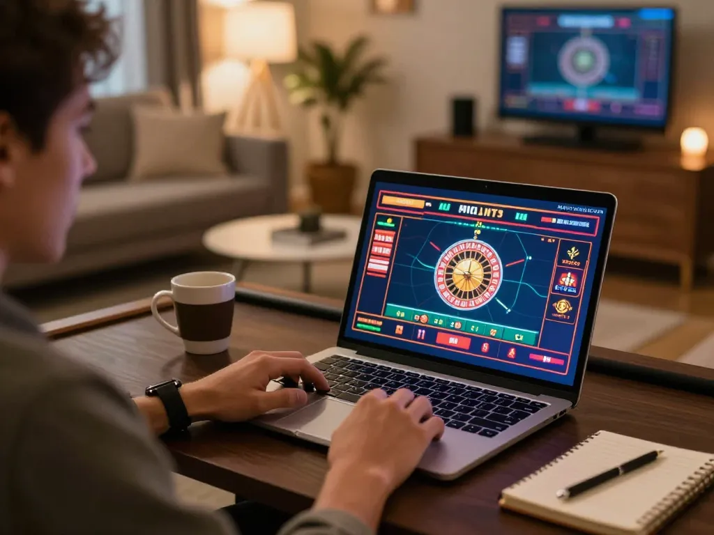 Iwinclub player enjoying dynamic online roulette game on laptop in cozy setting.
