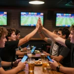 Fans placing bets on their phones at a sports bar, showcasing https://s8inc.com/ in an engaging atmosphere.