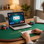 Online gaming session on https://dagatructiep.co.uk/ showcasing live poker gameplay on a laptop.