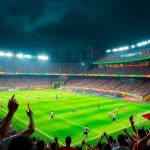 Lịch thi đấu featured in an electrifying soccer match scene with fans cheering.
