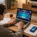 Player engaging in strategic online gaming on 888NEW poker platform with notes and cozy setup.