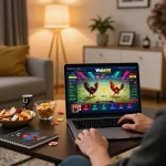 WALA88 user placing bets while enjoying live streaming chicken fights at home.