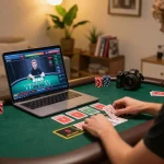 Online gaming at https://ko6689.com/html-sitemap/ with live dealer table displayed on laptop screen.