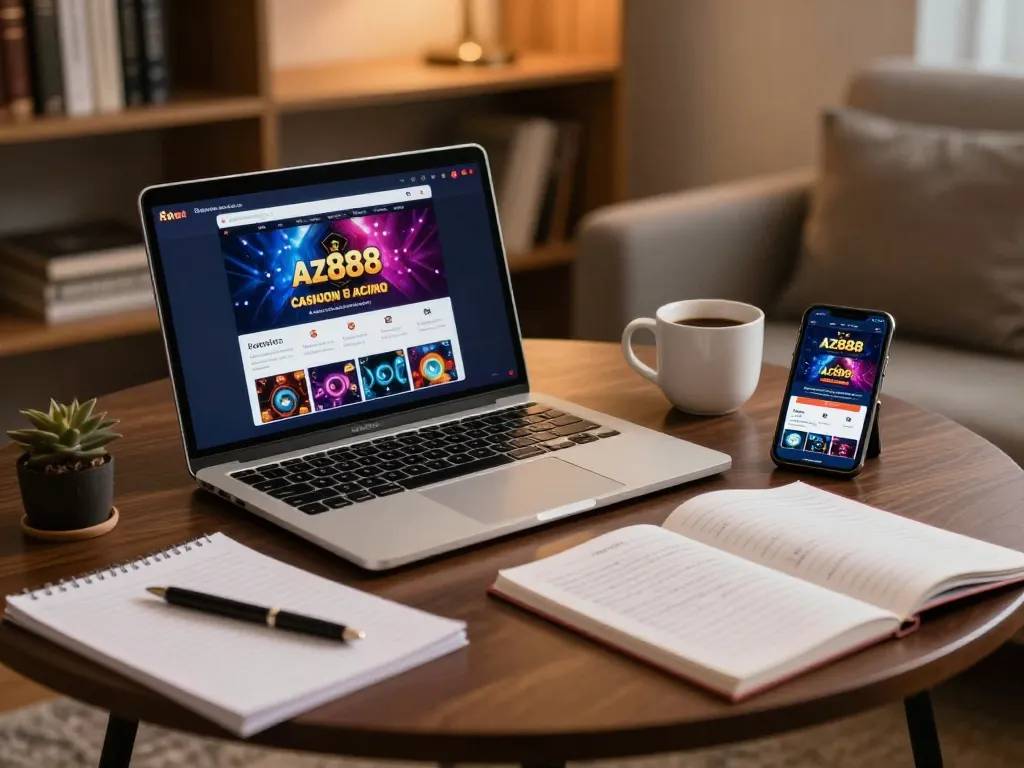 Engaging online gaming scene with az888 app displayed on laptop and smartphone, showcasing strategy.