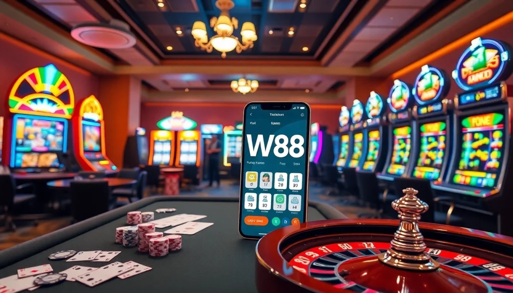 Players enjoying online gambling at WW88 with vibrant casino tables, slot machines, and digital interfaces.