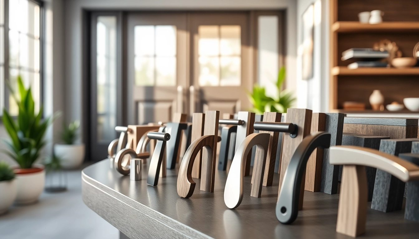 Choose a stylish door handle from a variety of modern designs displayed in a bright setting.