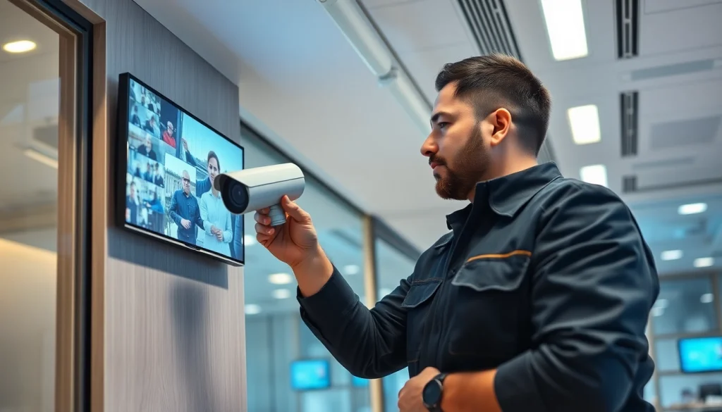 Soporte técnico en cámaras de seguridad, por un técnico que instala cámaras de alta definición en una oficina profesional.