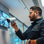 Soporte técnico en cámaras de seguridad, por un técnico que instala cámaras de alta definición en una oficina profesional.