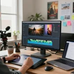 Content creator in a vibrant video editing studio generating video to prompt for AI video production.