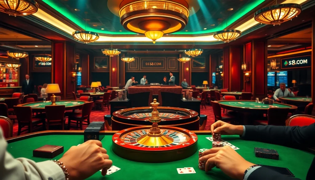 Experience thrilling games at S8 .COM with poker chips and cards on a vibrant casino table.