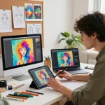 Digital artist utilizing the image prompt tool in a vibrant workspace filled with AI art inspirations.