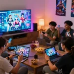 Engaged group enjoying free porn games in a cozy living room atmosphere with digital devices.