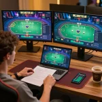 Engaging gameplay at nhà cái au88 with multiple screens showing poker strategies and betting options.