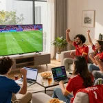 Cakhiatv streaming experience with friends in a cozy living room during a live football match.
