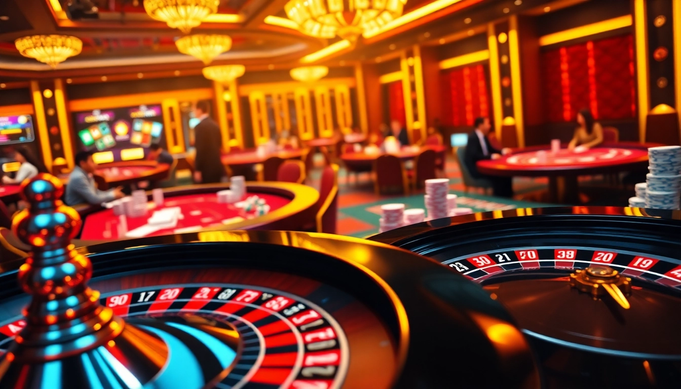 Engaging scene depicting GA88's luxurious casino with vibrant poker chips and roulette excitement.