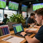 Cách đọc kèo bóng đá chuẩn in a modern sports bar where a football analyst studies betting odds on a laptop amidst lively patrons.