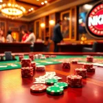 NK88 players enjoying an exciting game with poker chips and a roulette wheel in a luxurious casino setting.