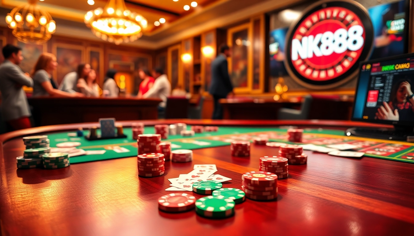 NK88 players enjoying an exciting game with poker chips and a roulette wheel in a luxurious casino setting.