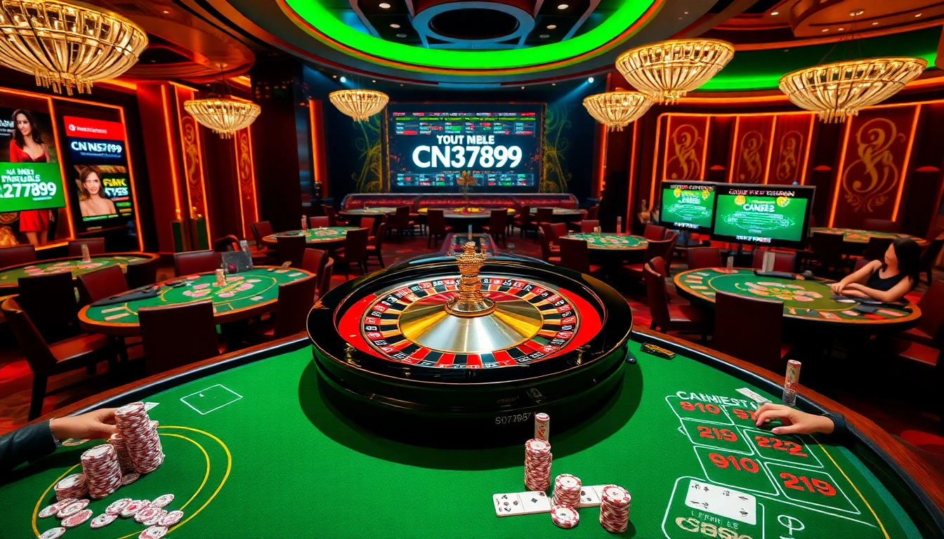 Experience high-stakes action at CN3789's elegant casino scene with vibrant roulette and poker tables.