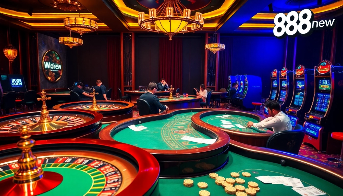 Experience thrilling gameplay with 888new's vibrant casino tables and slot machines, showcasing excitement.