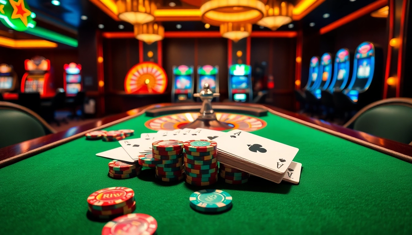Experience the thrill of rikvip with vibrant casino gaming featuring poker chips and a roulette wheel.