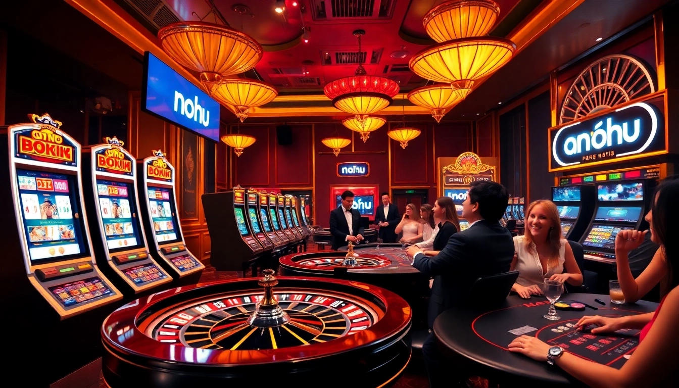 Nohu gaming experience with players at a poker table and thrilling slot machines.