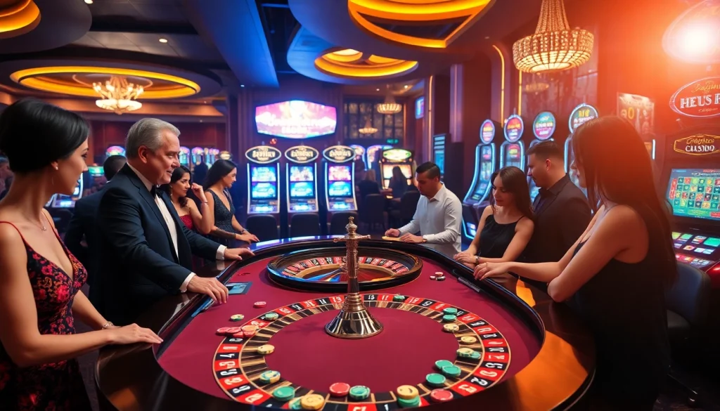 Exciting casino scene featuring a roulette table and slot machines from https://13win.reviews/ with players engaged in thrilling gaming.